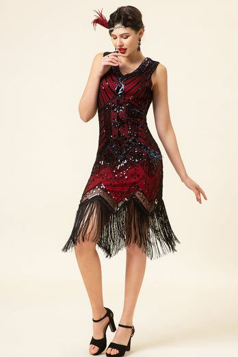 Rød og svart paljetter Fringes 1920-tallet Gatsby kjole med 20-tallet tilbehør sett