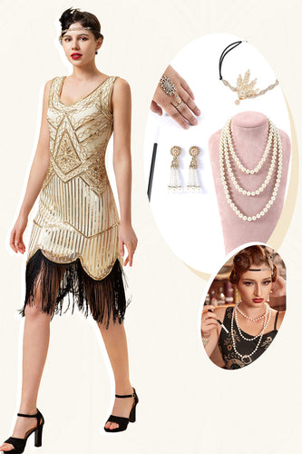 Champagne paljetter Fringes 1920-tallet Flapper kjole med 20-tallet tilbehør sett