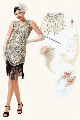 Sølv paljetter Fringes 1920-tallet Gatsby kjole med 20-tallet tilbehør sett