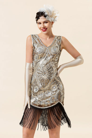 Sølv paljetter Fringes 1920-tallet Gatsby kjole med 20-tallet tilbehør sett