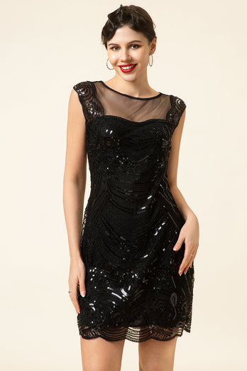 Black Sequined 1920-tallet Gatsby kjole med 20-tallet tilbehør sett