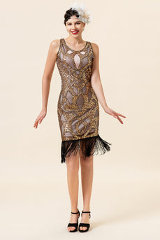 Golden Sequined Fringes 1920-tallet Flapper kjole med 20-tallet tilbehør sett