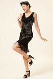 Black Sequined Fringes 1920-tallet Gatsby Flapper kjole med 20-tallet tilbehør sett