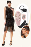 Black Sequined Fringes 1920-tallet Gatsby Flapper kjole med 20-tallet tilbehør sett