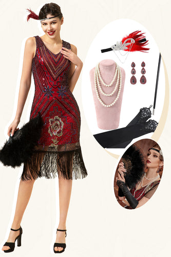 Burgund paljettkanter 1920-tallet Gatsby Flapper kjole med 20-talls tilbehør sett