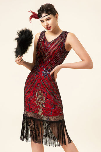 Burgund paljettkanter 1920-tallet Gatsby Flapper kjole med 20-talls tilbehør sett