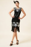 Svart og sølv paljettkanter 1920-tallet Gatsby Flapper kjole med 20-talls tilbehør sett