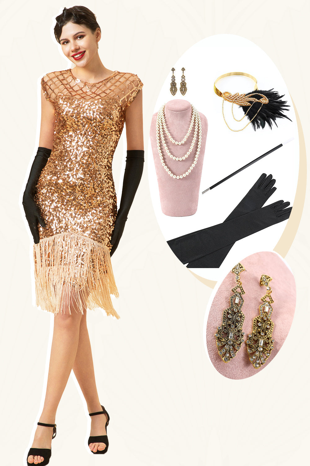 Pink Cap ermer paljett frynser 1920-tallet Gatsby Flapper kjole med 20-tallet tilbehør sett