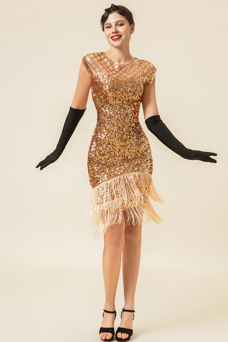 Load image into Gallery viewer, Pink Cap ermer paljett frynser 1920-tallet Gatsby Flapper kjole med 20-tallet tilbehør sett