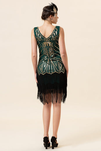 Dark Green Sequined Fringes 1920-tallet Gatsby Flapper kjole med 20-tallet tilbehør sett
