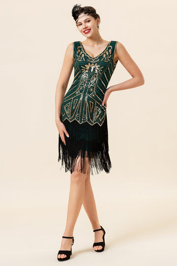 Dark Green Sequined Fringes 1920-tallet Gatsby Flapper kjole med 20-tallet tilbehør sett