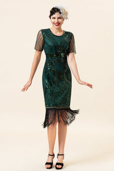 Mørkegrønne kortermer paljettkanter 1920-tallet Gatsby Flapper kjole med 20-talls tilbehørssett