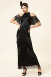 Black Sequined Fringes Long 1920s Gatsby Flapper Dress med 20-talls tilbehør sett