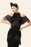 Black Sequined Fringes Long 1920s Gatsby Flapper Dress med 20-talls tilbehør sett