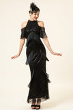 Black Sequined Fringes Long 1920s Gatsby Flapper Dress med 20-talls tilbehør sett