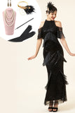 Black Sequined Fringes Long 1920s Gatsby Flapper Dress med 20-talls tilbehør sett