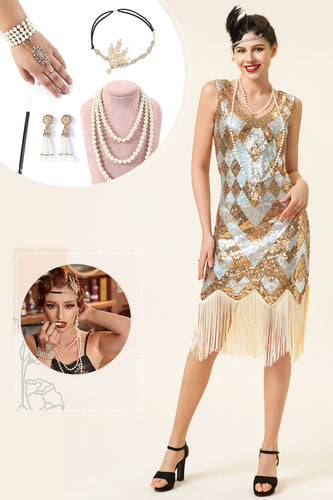 Golden og Silver paljett frynser 1920-tallet Gatsby Flapper kjole med 20-tallet tilbehør sett
