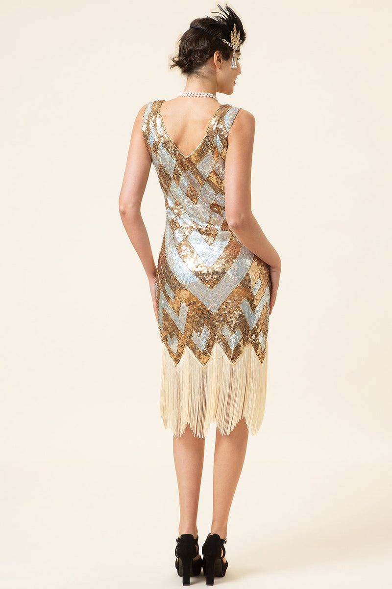 Load image into Gallery viewer, Golden og Silver paljett frynser 1920-tallet Gatsby Flapper kjole med 20-tallet tilbehør sett