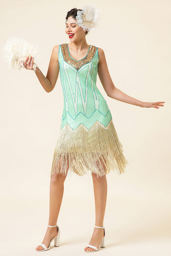 Mint Green paljett frynser 1920-tallet Gatsby Flapper kjole med 20-tallet tilbehør sett