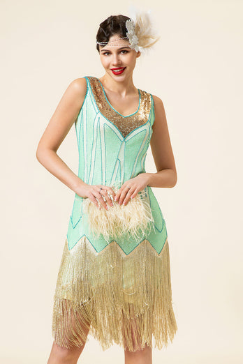 Mint Green paljett frynser 1920-tallet Gatsby Flapper kjole med 20-tallet tilbehør sett