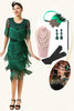 Load image into Gallery viewer, Mørkegrønne kortermer paljettkanter 1920-tallet Gatsby Flapper kjole med 20-talls tilbehørssett