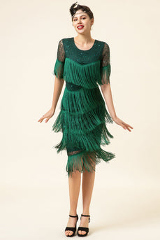 Mørkegrønne kortermer paljettkanter 1920-tallet Gatsby Flapper kjole med 20-talls tilbehørssett