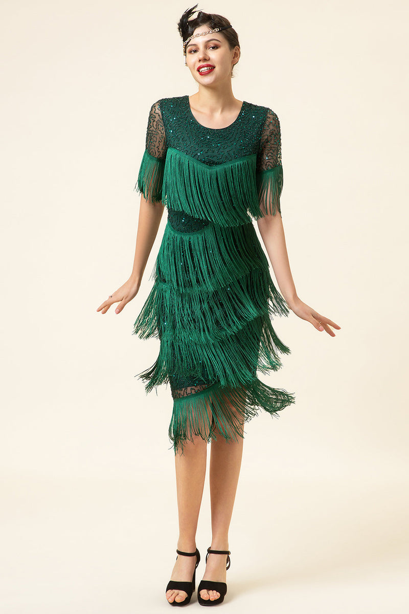 Load image into Gallery viewer, Mørkegrønne kortermer paljettkanter 1920-tallet Gatsby Flapper kjole med 20-talls tilbehørssett