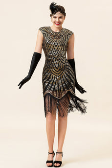Svart og gylden cap ermer paljett frynser 1920-tallet Gatsby Flapper Party kjole med 20-tallet tilbehør sett
