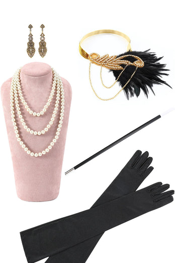 Svart og gylden cap ermer paljett frynser 1920-tallet Gatsby Flapper Party kjole med 20-tallet tilbehør sett