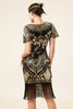 Load image into Gallery viewer, Svart og gylden cap ermer paljett frynser 1920-tallet Gatsby Flapper kjole med 20-tallet tilbehør sett