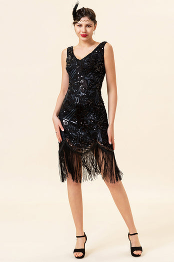 Svart V-hals paljett 1920-tallet Gatsby Flapper kjole med 20-talls tilbehør sett