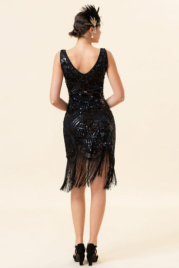 Svart V-hals paljett 1920-tallet Gatsby Flapper kjole med 20-talls tilbehør sett