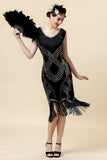 Black Sequined 1920-tallet Gatsby Flapper Party Dress med 20-tallet tilbehør sett