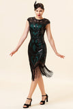 Black and Green paljett frynser 1920-tallet Gatsby Flapper Party Dress med 20-tallet tilbehør sett