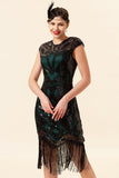 Black and Green paljett frynser 1920-tallet Gatsby Flapper Party Dress med 20-tallet tilbehør sett