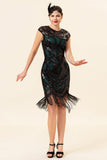 Black and Green paljett frynser 1920-tallet Gatsby Flapper Party Dress med 20-tallet tilbehør sett