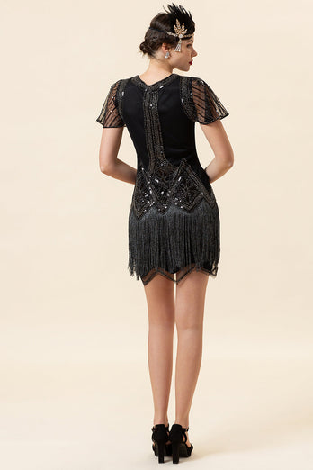 Black Beading Fringes Flapper kjole med 1920-tallet tilbehør sett