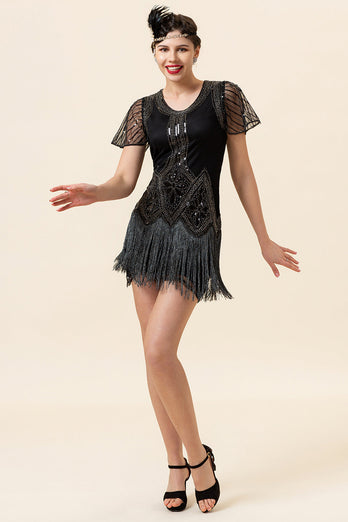 Black Beading Fringes Flapper kjole med 1920-tallet tilbehør sett