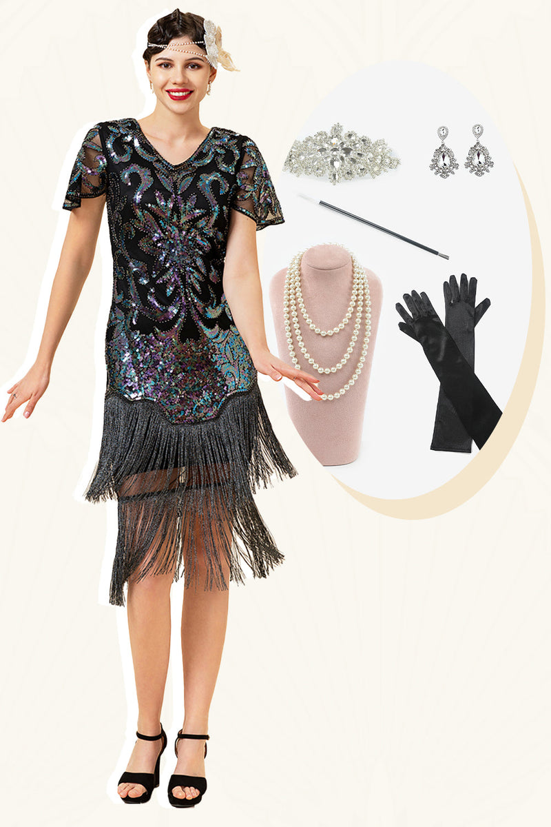 Load image into Gallery viewer, Black Paljetter Fringed Gatsby kjole med 20s tilbehør sett