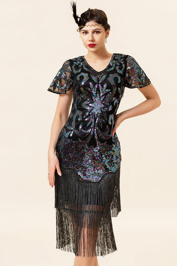 Black Paljetter Fringed Gatsby kjole med 20s tilbehør sett