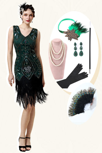 Green Fringed Gatsby kjole med 20s tilbehør sett
