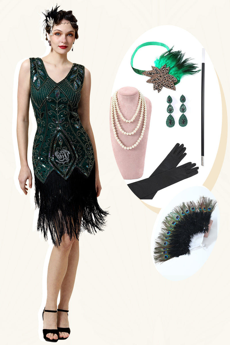 Load image into Gallery viewer, Green Fringed Gatsby kjole med 20s tilbehør sett