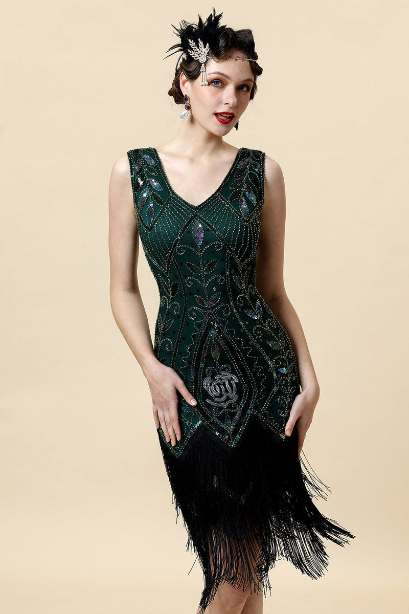 Load image into Gallery viewer, Green Fringed Gatsby kjole med 20s tilbehør sett