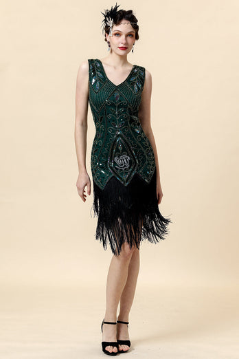 Green Fringed Gatsby kjole med 20s tilbehør sett