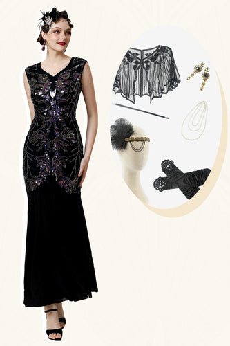 Black Paljetter Long Gatsby kjole med 20s tilbehør sett