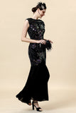 Black Paljetter Long Gatsby kjole med 20s tilbehør sett