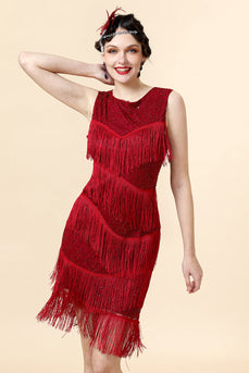 Red Beaded Fringed Flapper kjole med 20s tilbehør sett