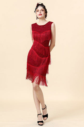 Red Beaded Fringed Flapper kjole med 20s tilbehør sett