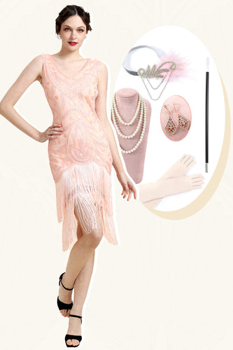 Beaded Pink Fringed Flapper Dress med 1920-tallet Tilbehør Set