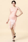 Beaded Pink Fringed Flapper Dress med 1920-tallet Tilbehør Set